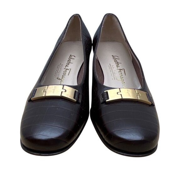 Salvatore Ferragamo Brown Croc-Embossed Leather Block Heel Loafers Sz 5.5B- New - Picture 2 of 8